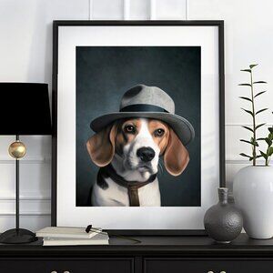 Beagle Detective Funny‎ Dog Portrait Watercolor Oil Painting Wall Art Pri…
